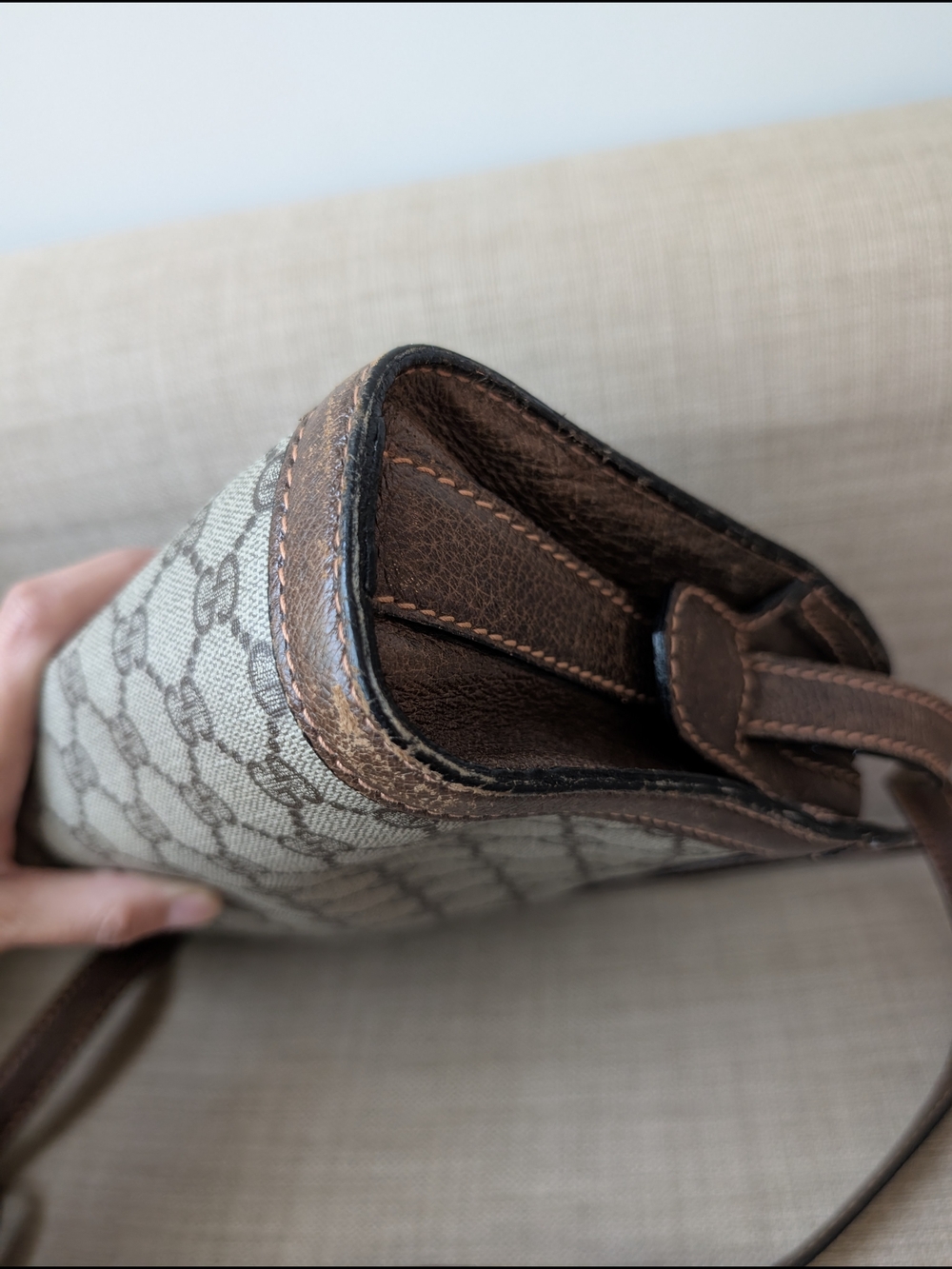 Gucci Beige GG Canvas Crossbody with Brown Leather Trim - Picture 5 of 9